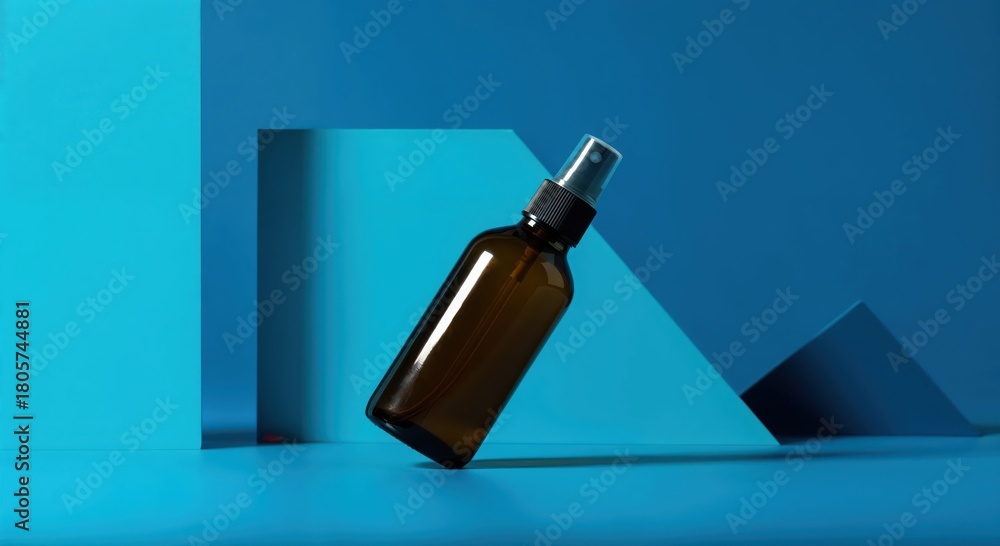 Fototapeta premium Minimalist Spray Bottle in Blue Composition: A close-up shot of a brown spray bottle, exuding a sense of modern simplicity against an array of geometric, blue structures.