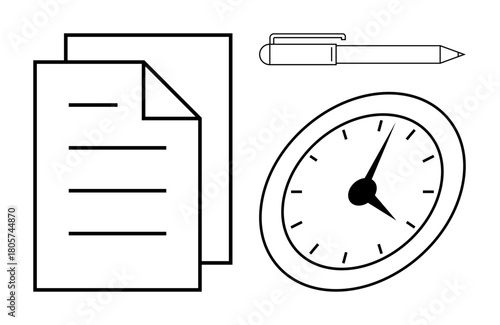 Papers, pen, and clock symbolize time management, task scheduling, note-taking, deadlines, productivity, efficiency and planning. Ideal for work tasks academic projects schedules reminders