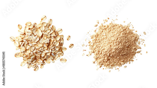 Two piles of oats and oat flour isolated on transparent background