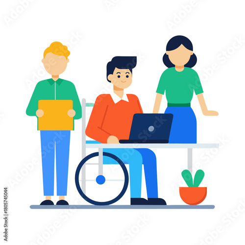 Wheelchair Using Employee at Desk Inclusive Cartoon Vector 