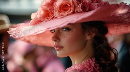 elegant woman in oversized pink rose-adorned hat and ruffled pink dress, soft romantic mood at a stylish social gathering