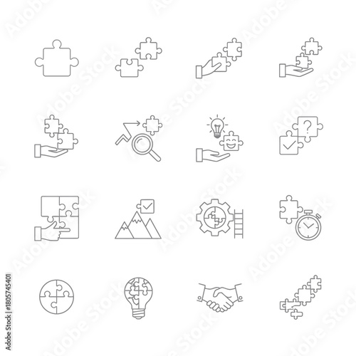 Puzzle Icon Collection: A collection of various icons depicting problem-solving, collaboration, and finding solutions. Perfect for illustrating ideas of teamwork, strategy, and business concepts. 