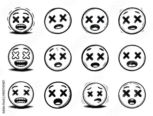 Collection of hand-drawn dizzy or knocked out emoji faces with x eyes.