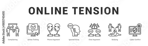 Online Tension Modern and clean web banner illustration featuring thematic icons for visual communication