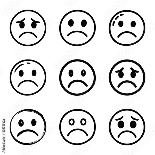 Collection of hand drawn sad face vector emoji icons for apps