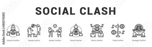 Social Clash Modern and clean web banner illustration featuring thematic icons for visual communication