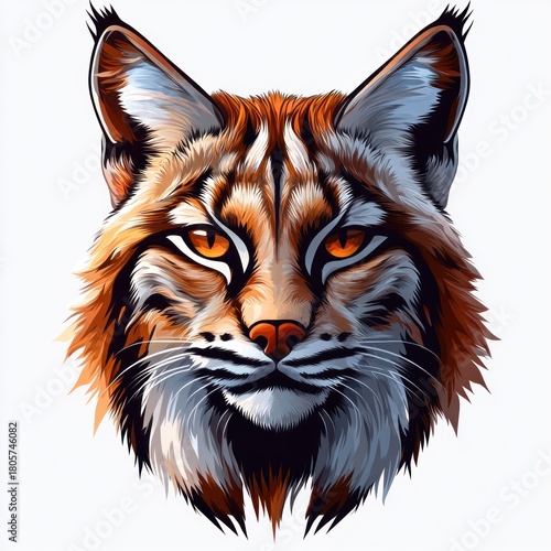 Stylized lynx head portrait with tufted ears, flowing ruff, white and orange fur, black facial markings and piercing amber eyes conveying confident focused intensity