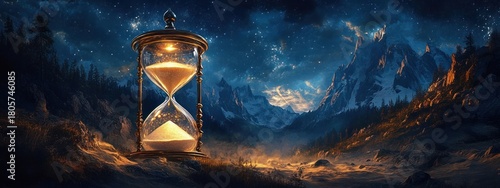 Towering glowing golden hourglass standing in a misty starry mountain valley with snow-capped peaks and pine forests, evoking wonder and timeless mystery