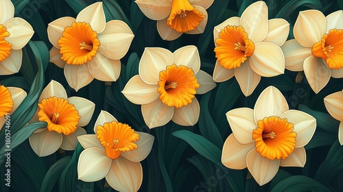 Cream and orange daffodils with deep green leaves, close-up cluster evoking bright cheerful spring freshness