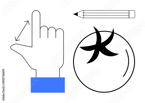 Hand making measurement gesture, pencil for creativity and writing, tomato with an abstract symbol. Ideal for design, education, agriculture, productivity, minimalism, measurement creative thinking