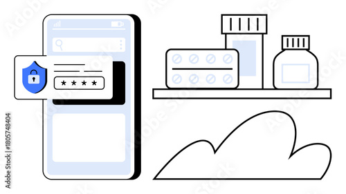Smartphone with password lock shield, medical bottles, pills on shelf. Ideal for healthcare, cybersecurity, data privacy, telemedicine, online pharmacy cloud storage medical records. Simple flat
