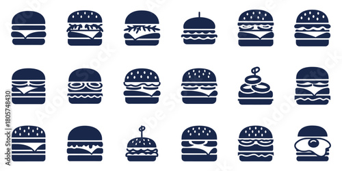Collection of Dark Blue Burger Icons on White Background hamburger