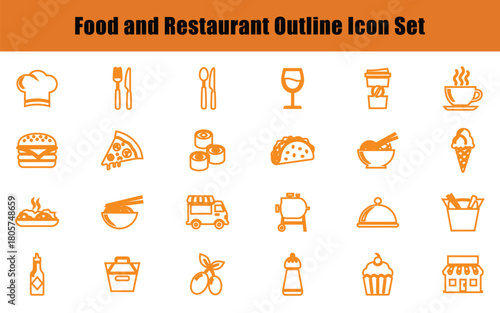 Orange Outline Food and Restaurant Icons on White Background cooking