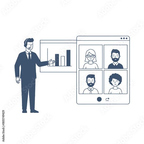Online Presentation: A professional presents data via online meeting platform, interacting with colleagues and sharing informative graph. Illustrating effective communication in the digital era.