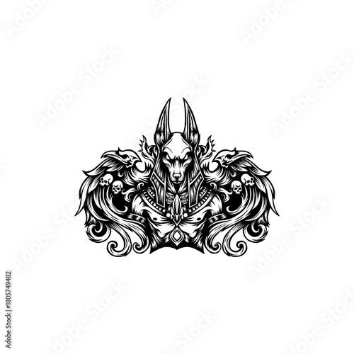 Hand drawn black and white illustration of anubis head