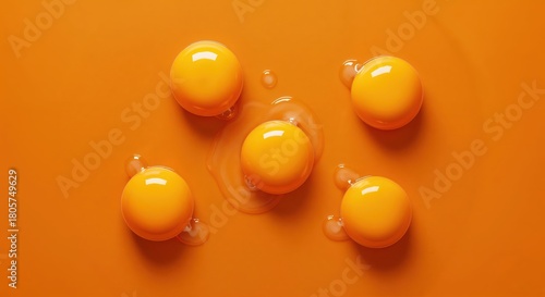 Egg Yolks on Orange: A vibrant composition of five golden egg yolks, each showcasing a perfect sphere of sunshine, spreads organically on a rich orange surface.
