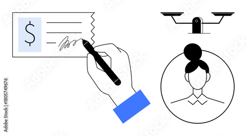 Hand signing check, scale symbolizing fairness, woman profile representing identity. Ideal for finance, equality, law, justice, identity verification transactions accountability. Simple flat