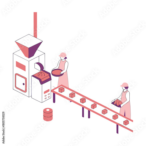 Isometric illustration of a factory production line with workers packaging products, isolated on depicts manufacturing process with machinery and conveyor belt