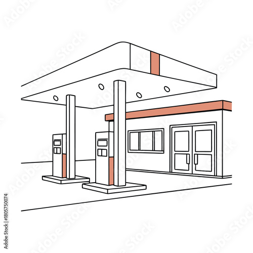 Minimalist line drawing of a gas station with pumps and convenience store, isolated on simple illustration of a fueling station for vehicles