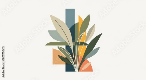 Stylized botanical elements combine with abstract geometric shapes in a muted color palette