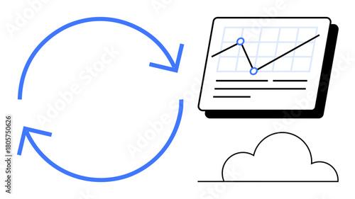 Circular arrows representing synchronization, analytics chart showcasing trends, and cloud icon. Ideal for data management, analysis, cloud computing, productivity, technology, integration simple