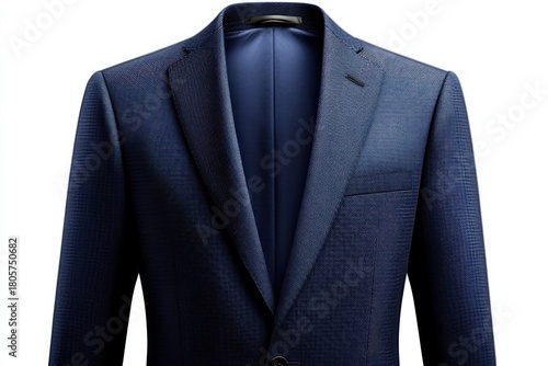 Navy blue tailored men's suit jacket with notched lapel and chest pocket on hanger, textured fabric and satin lining, elegant professional mood