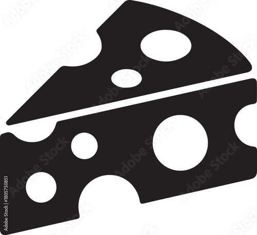 Black cheese wedge vector icon with characteristic holes, perfect for culinary and food-related themes.