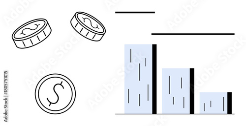 Minimalistic bar chart and coins emphasize finance, business growth, statistics, wealth tracking. Ideal for economy, budgeting, planning, investment, analytics visualization simple flat metaphor