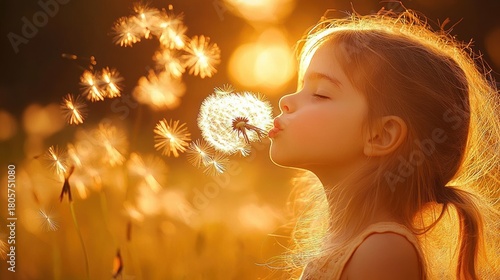 Fototapeta Naklejka Na Ścianę i Meble -  Young girl blowing dandelion seeds in a sunlit meadow, golden backlit hair glowing, serene whimsical summer moment