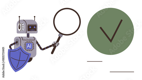 Robot with AI label holding magnifying glass and shield analyzing a green checkmark. Ideal for technology, security, verification, AI, inspection, accuracy, and innovation concepts. Simple flat