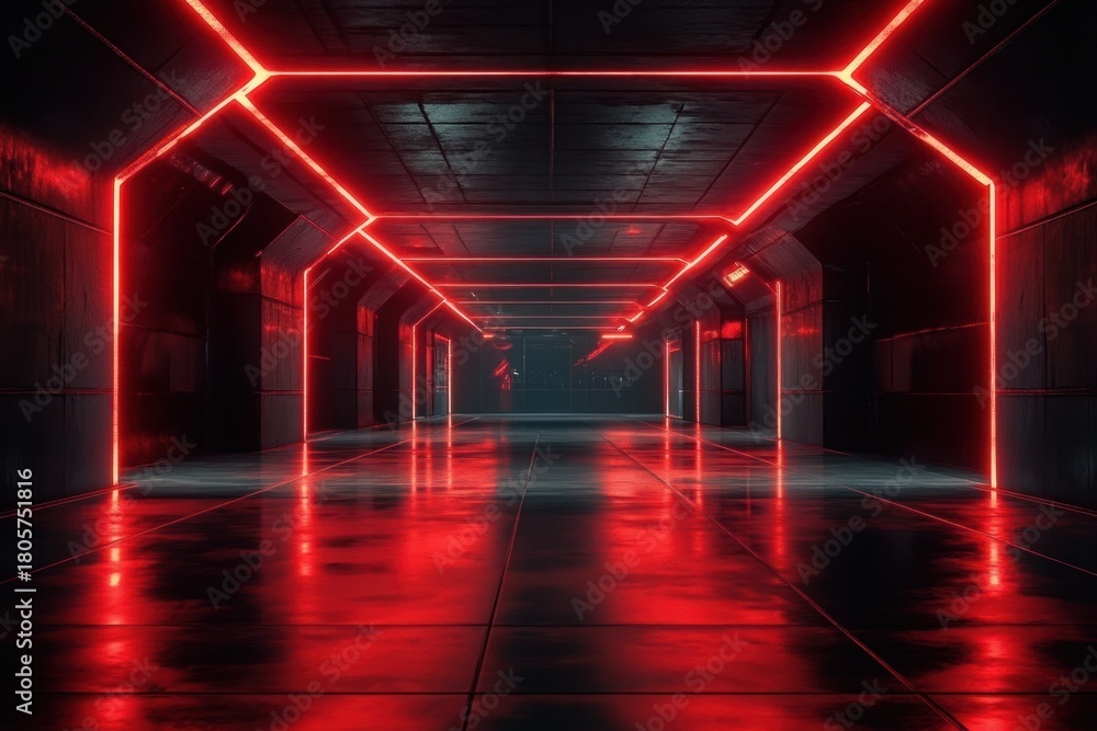 Fototapeta premium Empty futuristic industrial corridor with glowing red neon geometric light strips, glossy reflective tiled floor, dark metal walls and strong symmetrical perspective creating a tense, mysterious mood