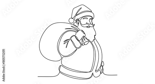 Continuous line drawing of Santa Claus with a sack of gifts for festive holiday season