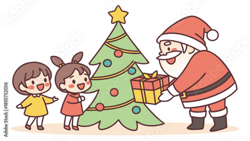 Wallpaper Mural Santa gives a gift to children near a christmas tree with a star on top in a cartoon illustration Torontodigital.ca