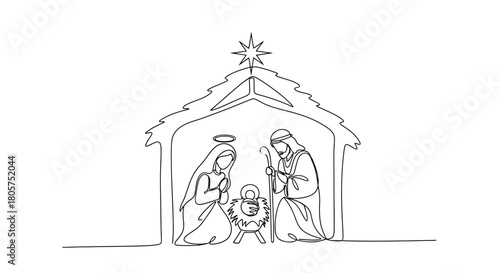 Minimalist continuous line drawing of the Nativity scene depicting the birth of Jesus Christ with