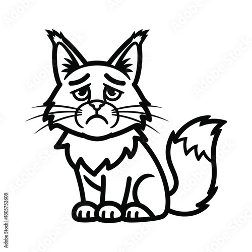 Sad feline character with large ears and fluffy tail