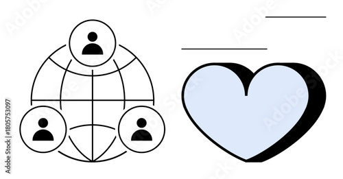 Stylized globe with human icons connected in a network next to a heart. Ideal for social connections, empathy, teamwork, humanity, love, communication, global community. Simple flat metaphor