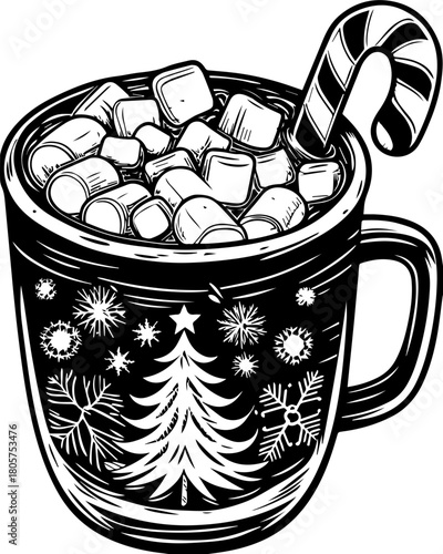 SVG cute Merry Christmas and Happy New Year design. Cozy festive mug filled with hot chocolate and marshmallows