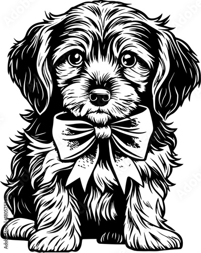 SVG cute Merry Christmas and Happy New Year design. Adorable Dog Illustration with Bow in Black and White Style