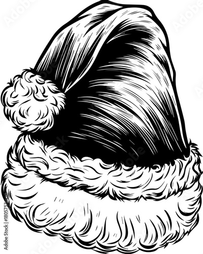 SVG cute Merry Christmas and Happy New Year design. Vintage Santa Hat Icon with Fur Trim and Pom Pom Design