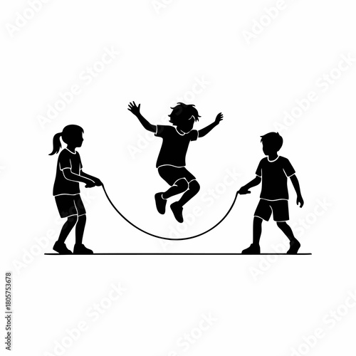 Vector silhouette of children playing jump rope with white background, world children day design concept