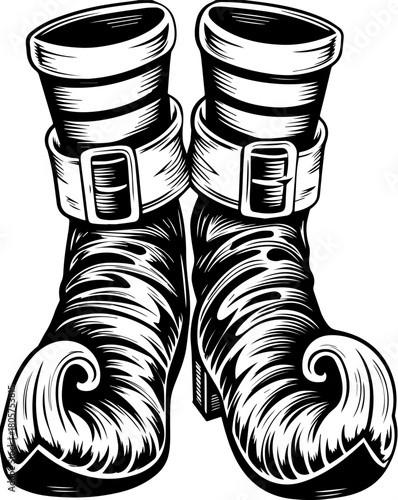 SVG cute Merry Christmas and Happy New Year design. Vintage Stylized Boots with Curved Toes and Thick Straps Design