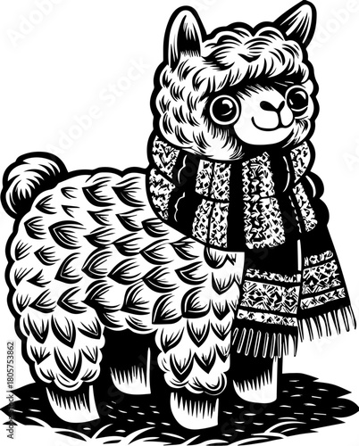 SVG cute Merry Christmas and Happy New Year design. Playful Alpaca in Festive Scarf and Cozy Wooly Hat Illustration