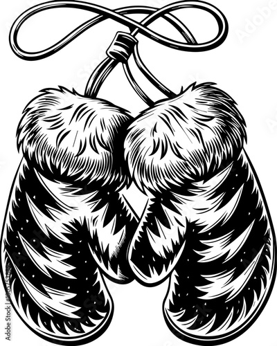 SVG cute Merry Christmas and Happy New Year design. Vintage Style Drawing of Cozy Winter Mittens with Fur Accents