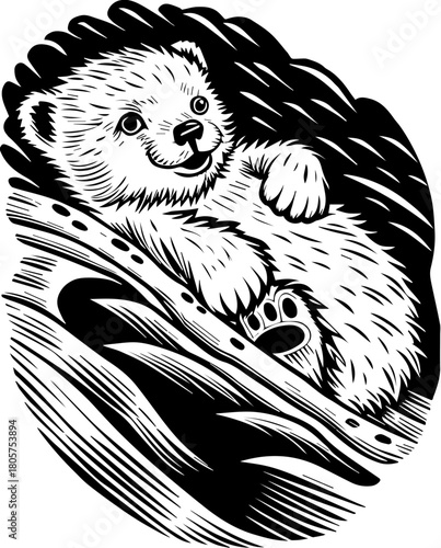 SVG cute Merry Christmas and Happy New Year design. Cute Bear Cub Sliding Down a Slope in a Woodcut Style Illustration