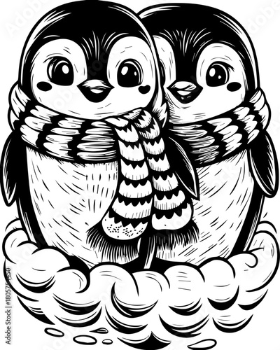 SVG cute Merry Christmas and Happy New Year design. Cute Cartoon Penguins in Scarves Sitting Together on a Snowcloud