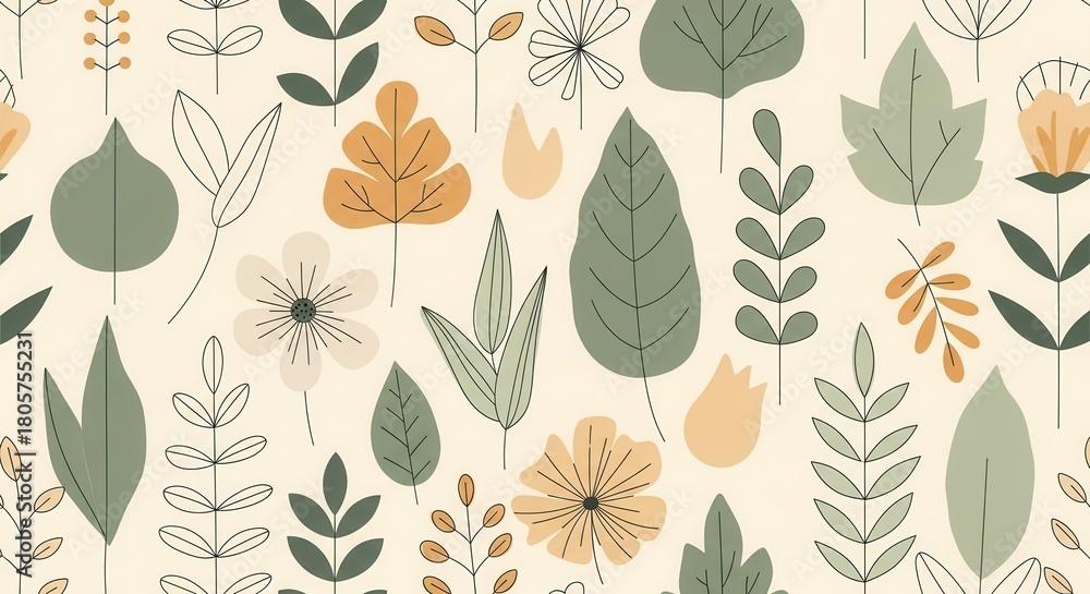 Fototapeta premium Stylized botanical pattern featuring diverse leaves and simple flowers against a light background