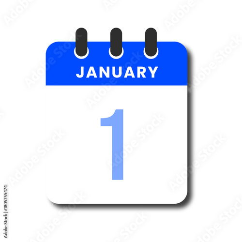 Flat blue January 1 calendar icon with clean modern style, symbol of new year and time reminder. Perfect for planner or digital UI.