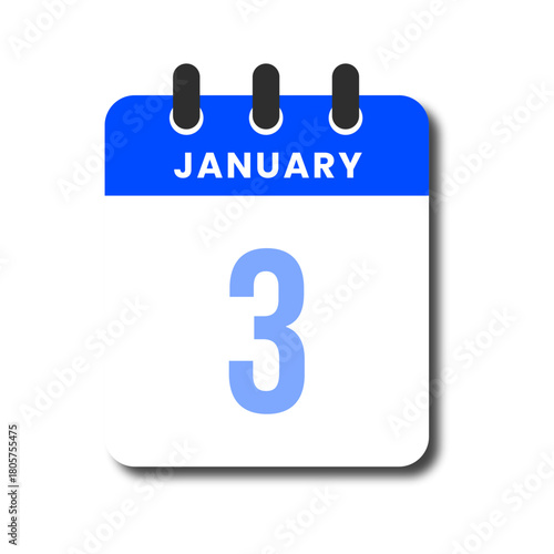 Minimalist flat blue January 3 calendar icon, perfect for UI planner or productivity layout.
