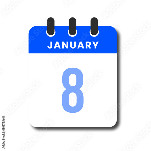 Blue flat January 8 calendar icon with minimalist vector design for planner UI or web.
