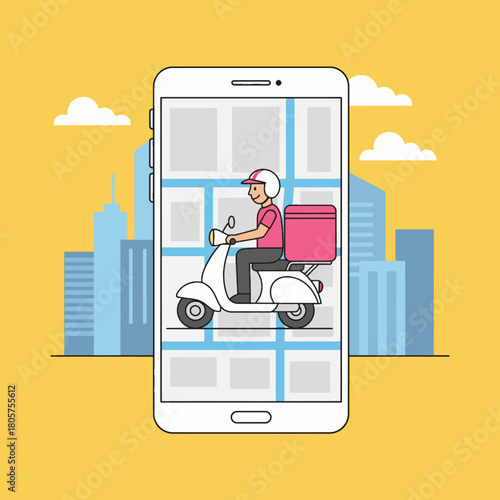 Express Delivery App Concept: A modern illustration showcasing a delivery person on a scooter within a smartphone, highlighting the convenience of the service against a cityscape background.